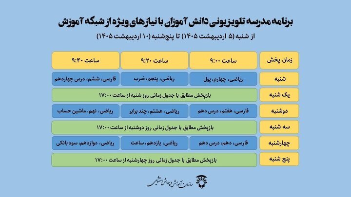 برنامه درسی مدرسه تلویزیونی ایران و دانشآموزان استثنائی اعلام شد برنامه درسی مدرسه تلویزیونی ایران و دانشآموزان استثنائی اعلام شد